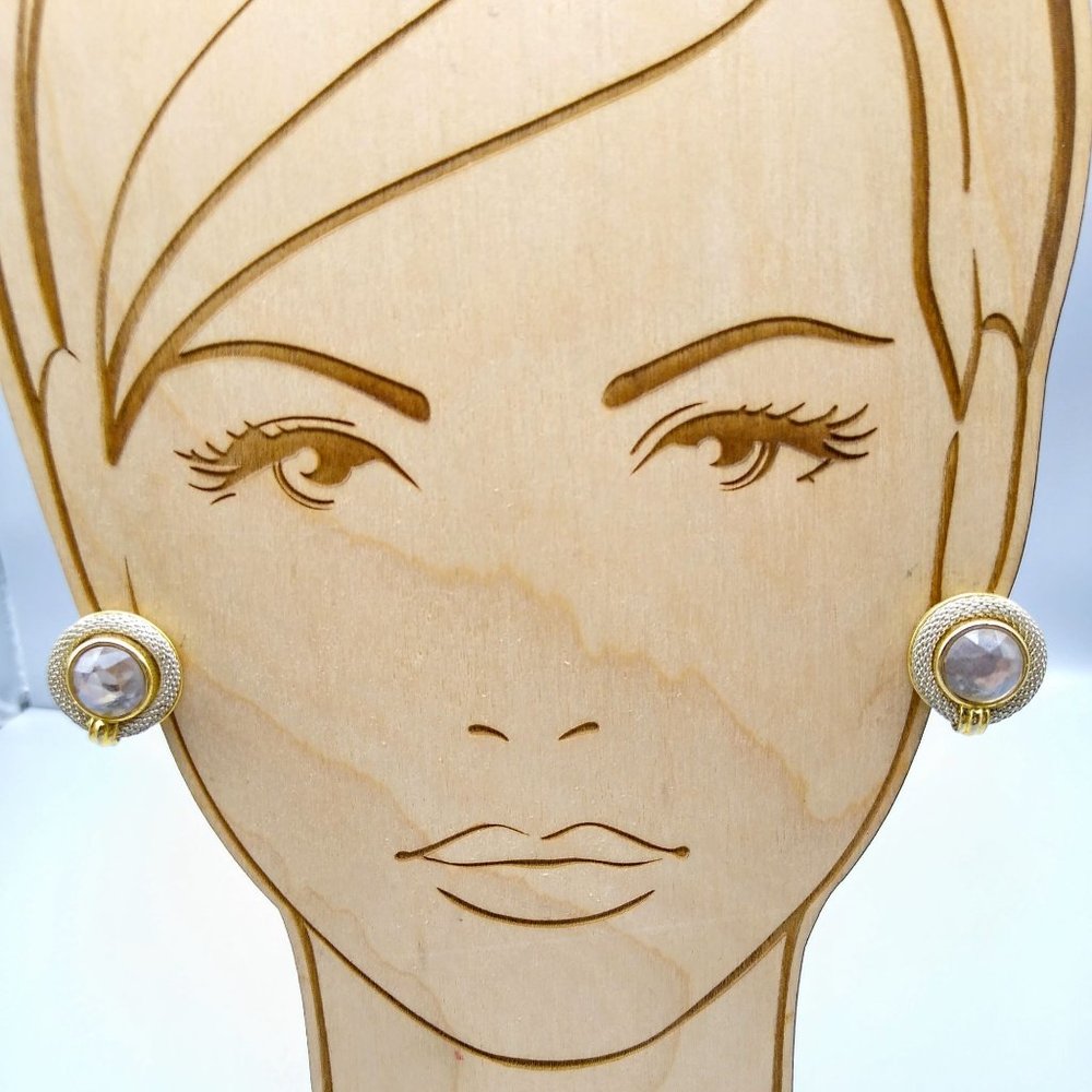 Two Tone Crystal Button Earrings, Vintage Faceted Clear Stone with Mesh Halo